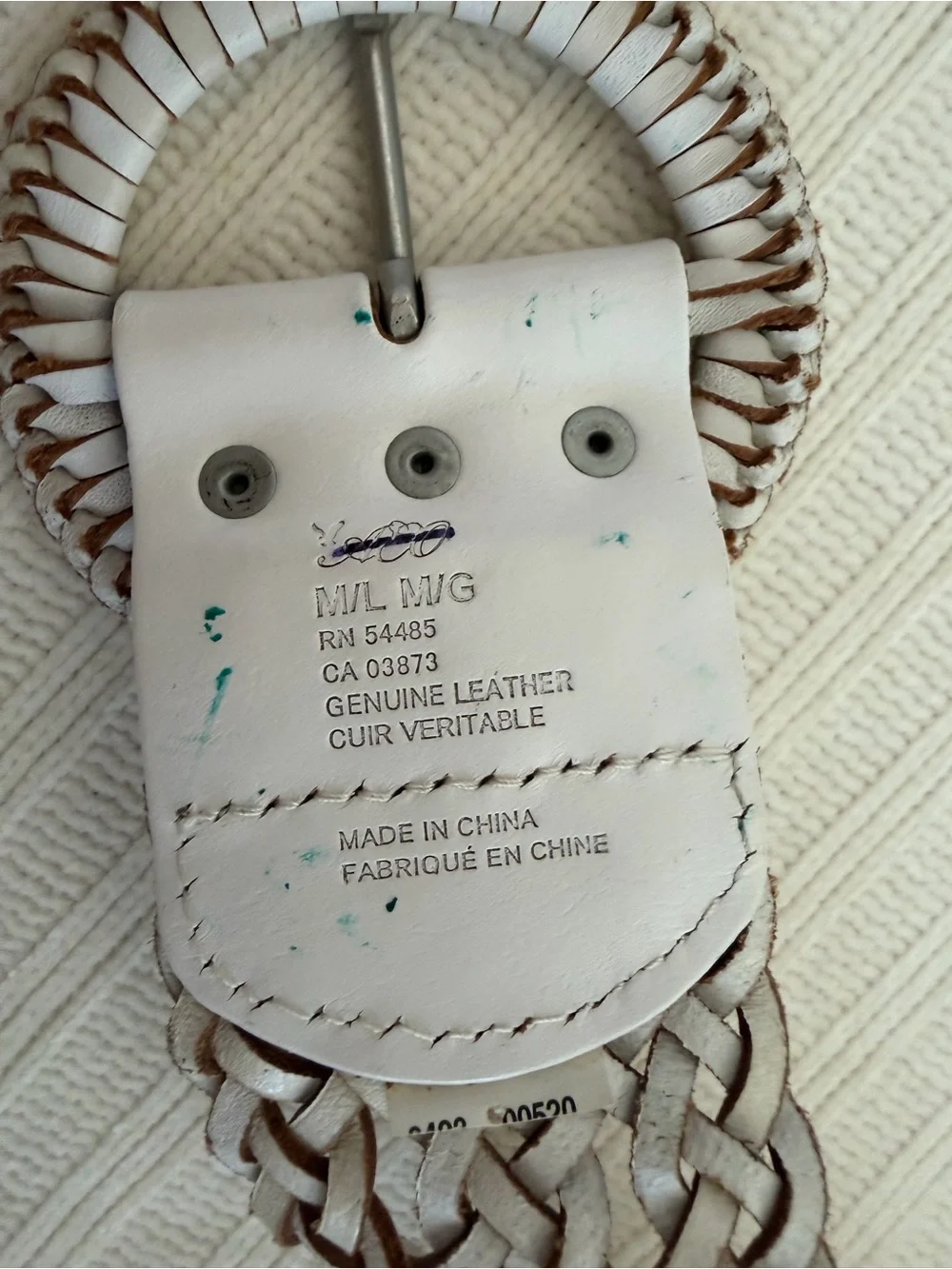 American Eagle 100% Genuine Leather Woven Bohemian Circle Buckle Belt - White